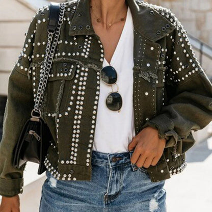 Women's Jacket – Cropped Denim Look – Relaxed Fit – Stud Details – Layered Use