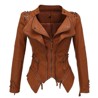 Women's Biker Jacket – Slim Fit – Studded Shoulders – Asymmetric Zipper