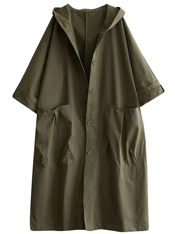 Women's Trench Coat – Waterproof Fabric – Oversized Fit – Hood and Side Pockets