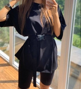 Women's Two-Piece Set – Oversized Tunic with Belt – Tight-Fitting Biker Shorts – Soft Cotton