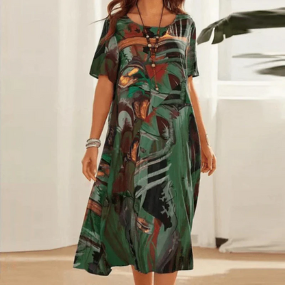 Women's midi dress – relaxed fit – cotton – short sleeves – abstract pattern