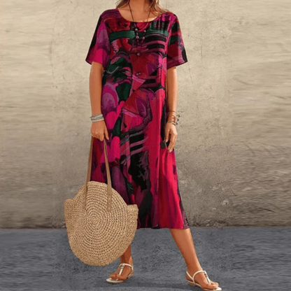 Women's midi dress – relaxed fit – cotton – short sleeves – abstract pattern