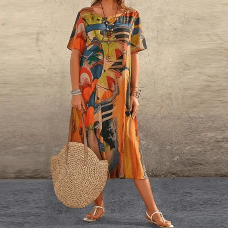 Women's midi dress – relaxed fit – cotton – short sleeves – abstract pattern