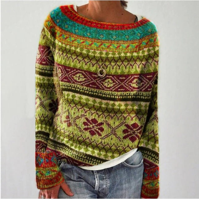Women's Sweater – Wool Knit – Relaxed Fit – Geometric Pattern – Long Sleeves