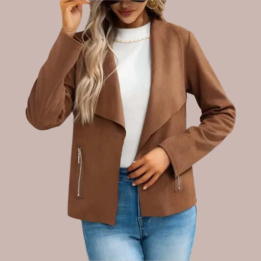 Women's Jacket – Suede Leather – Slim Fit – Draped Open Front – Full Sleeve
