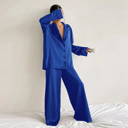 Women's Pajama Set – Satin – Relaxed Fit – Shirt Top – Wide Pants