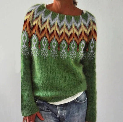 Women's Sweater – Wool Knit – Relaxed Fit – Geometric Pattern – Long Sleeves