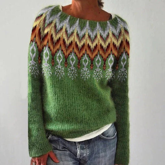 Women's Sweater – Wool Knit – Relaxed Fit – Geometric Pattern – Long Sleeves