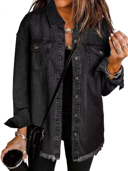 Women's Denim Jacket – Relaxed Fit – Fringed Hem – Buttons and Chest Pockets