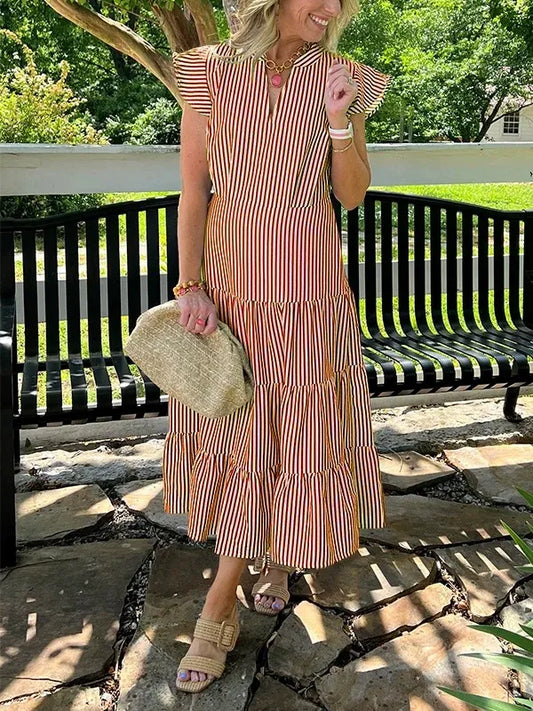Dress for women – midi – cotton – V-neck – ruffle sleeves – striped – tiered skirt