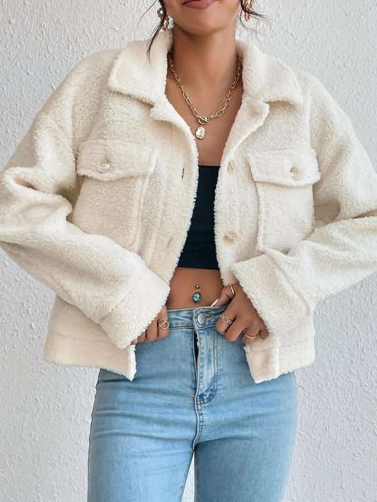 Women's Coat – Wool – Cropped – Relaxed Fit – Button Closure – Sherpa Texture