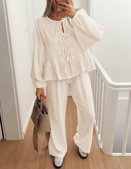 Women's Pantsuit – V-neck Blouse with Tie Detail – Wide Fit in Light Cotton Texture