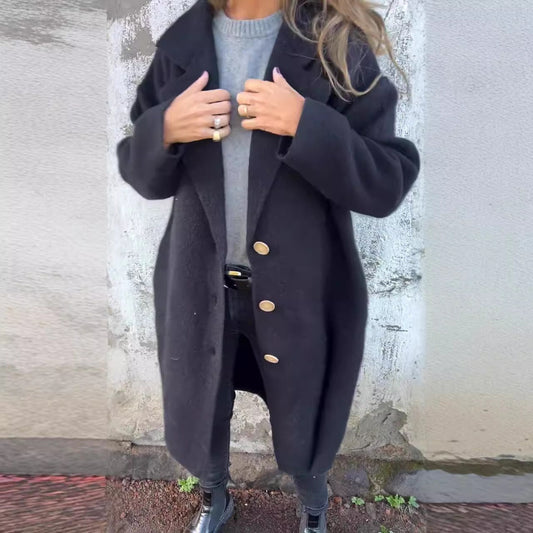 Women's Coat – Wool Material – Oversized Fit – Button Closure – Mid-Length