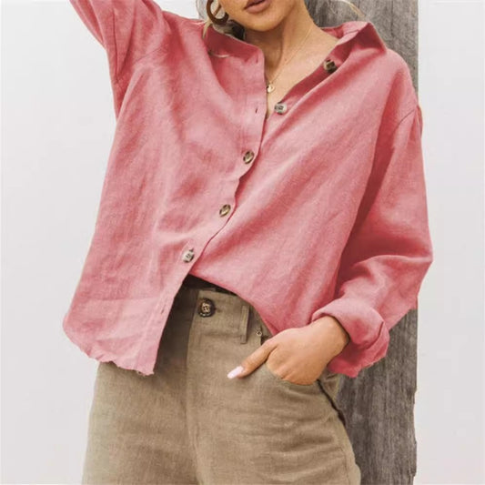 Women's Shirt – Loose Fit – Cotton Linen – Long Sleeve – Buttons – Collar