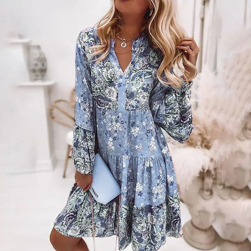 Dress for Women – Mini Dress – Relaxed Fit – Long Sleeves – Floral Patchwork Pattern – V-Neck