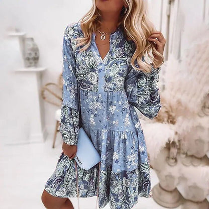 Dress for Women – Mini Dress – Relaxed Fit – Long Sleeves – Floral Patchwork Pattern – V-Neck