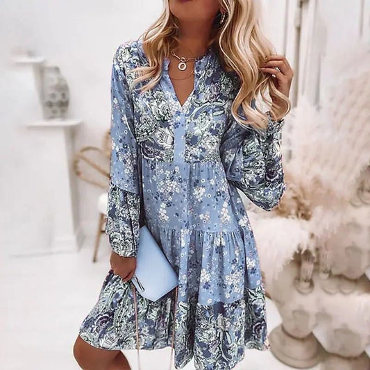 Dress for Women – Mini Dress – Relaxed Fit – Long Sleeves – Floral Patchwork Pattern – V-Neck