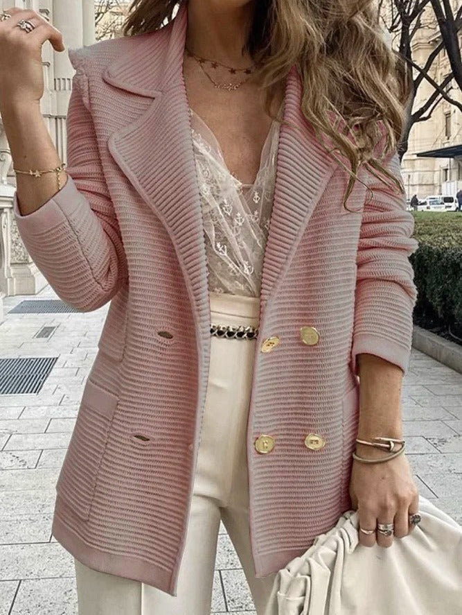 Women's Jacket Coat – Tailored Fit – Ribbed Texture – Double-Breasted – Collar