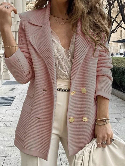 Women's Jacket Coat – Tailored Fit – Ribbed Texture – Double-Breasted – Collar