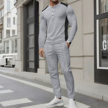 Men's Set with Henley Sweater and Pants – Slim Fit – Waffle Texture – Button Neck