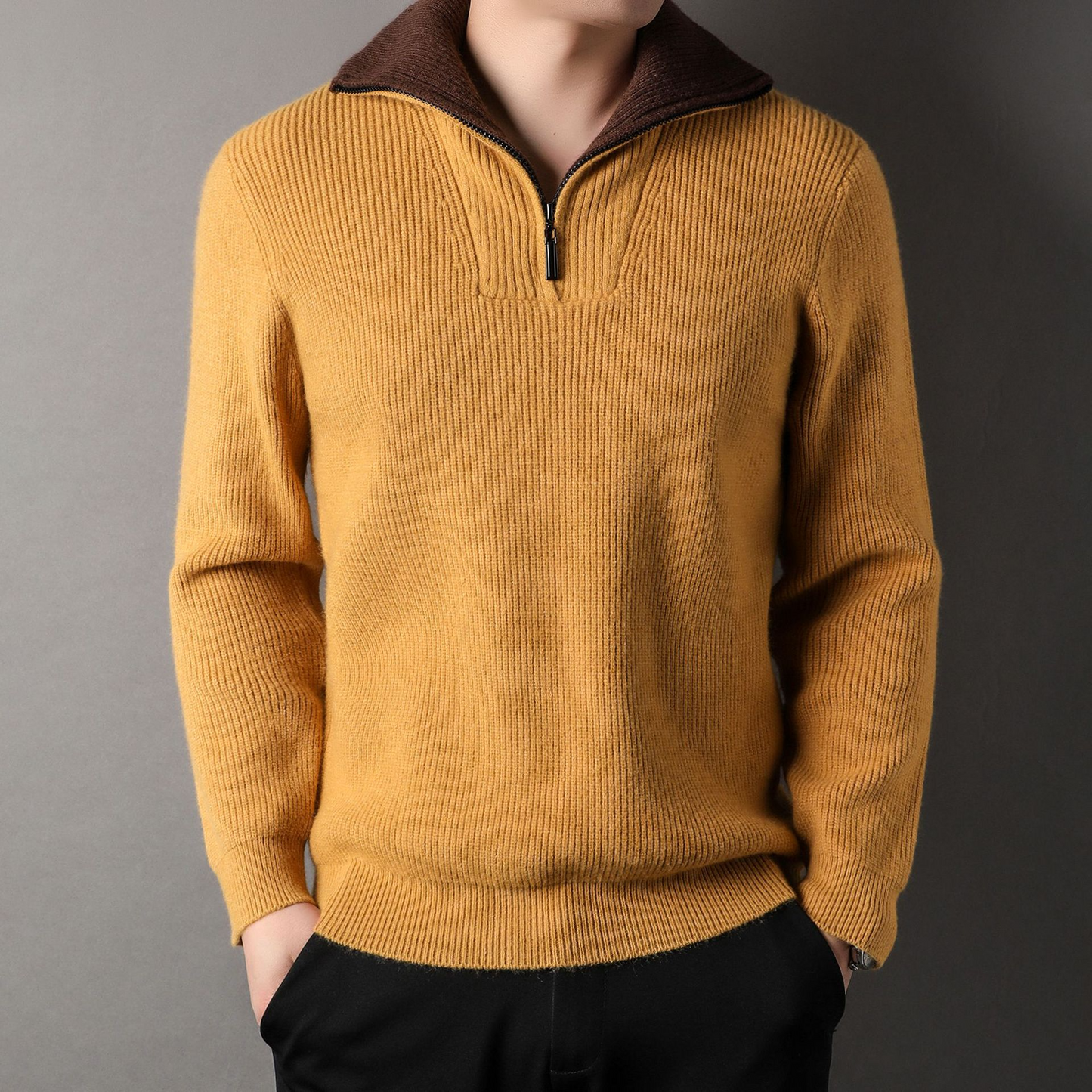Men's Sweater – Relaxed Fit – Ribbed Knit Wool – High Neck with Zipper