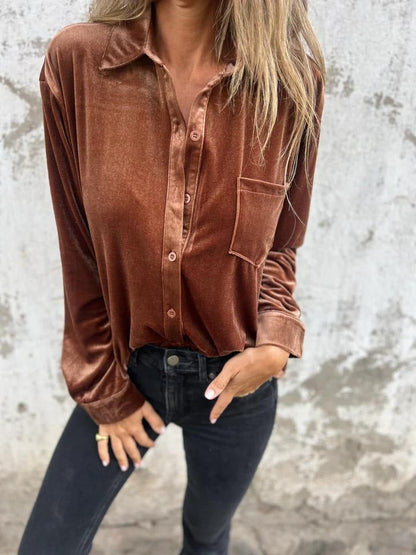 Women's Shirt – Velvet – Loose Fit – Long-Sleeved – Single-Breasted with Chest Pocket