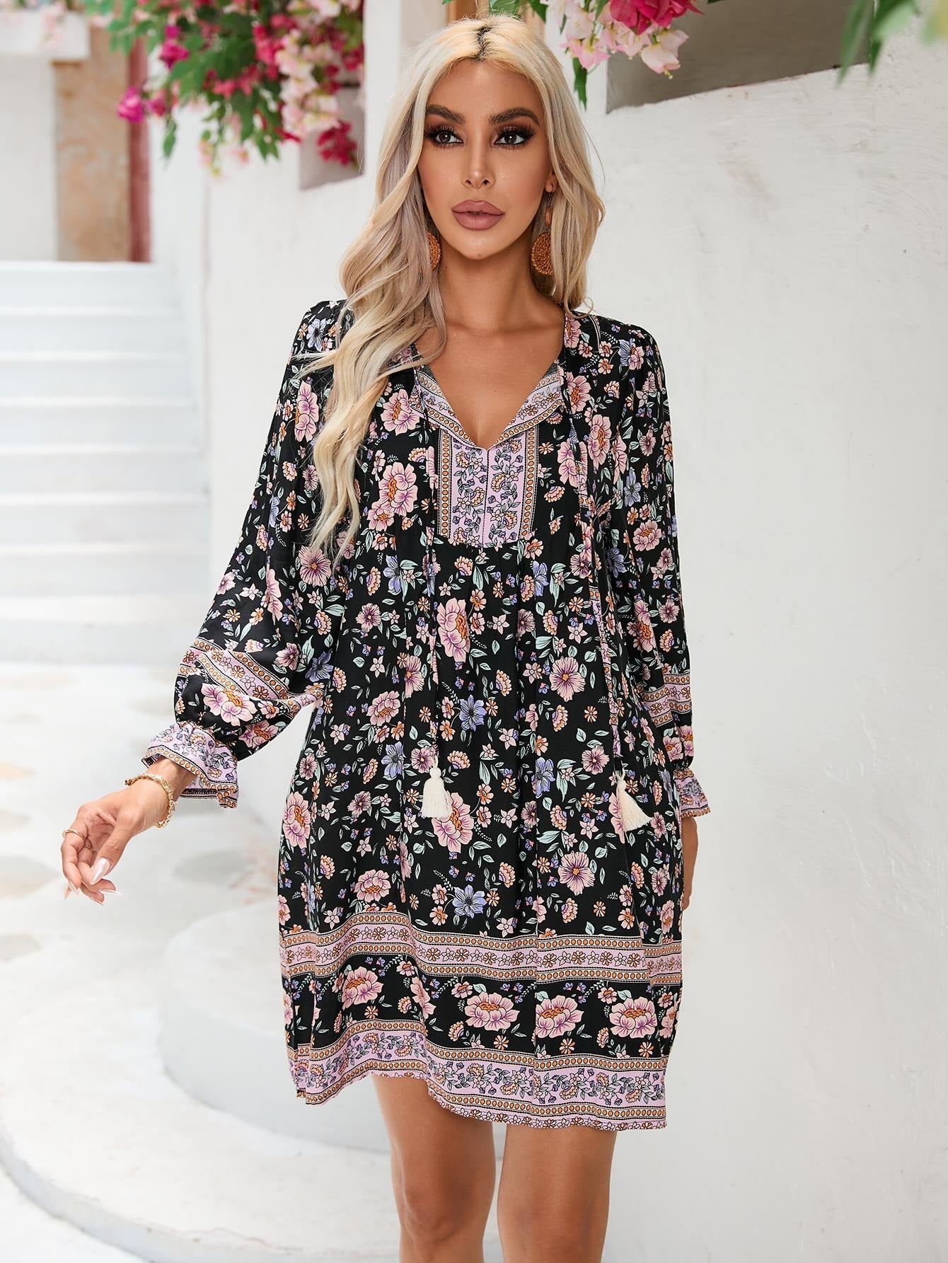 Dress for Women – A-line Fit – Long Sleeves – V-neckline – Floral Pattern