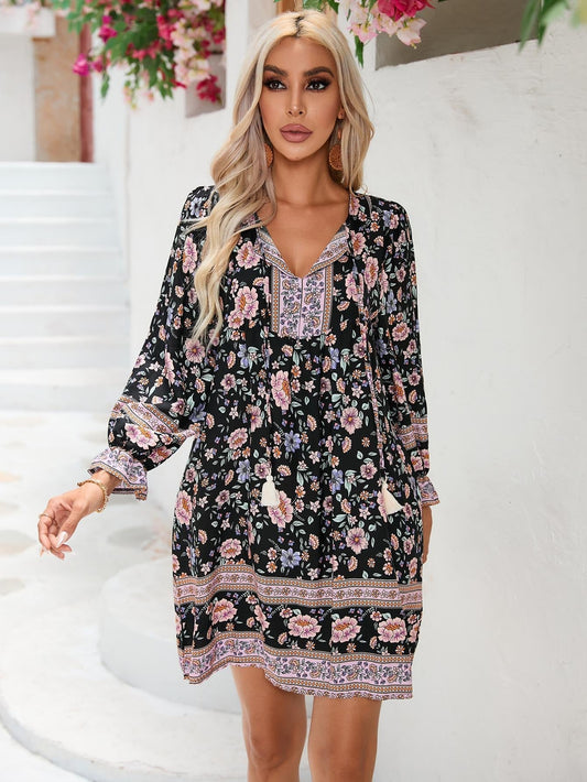 Dress for Women – A-line Fit – Long Sleeves – V-neckline – Floral Pattern