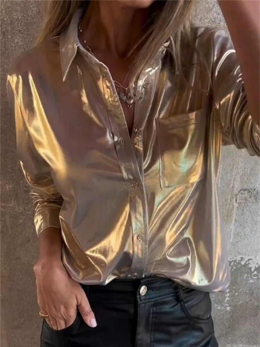 Women's Shirt – Faux Leather – Relaxed Fit – Long Sleeves – Chest Pocket