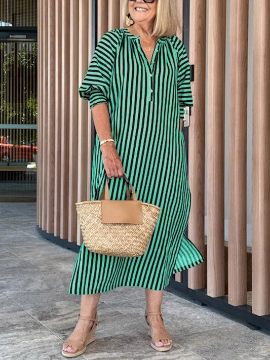 Dress woman – Midi length – Striped – V-neck – Ruffle sleeves – Relaxed fit – Cotton blend