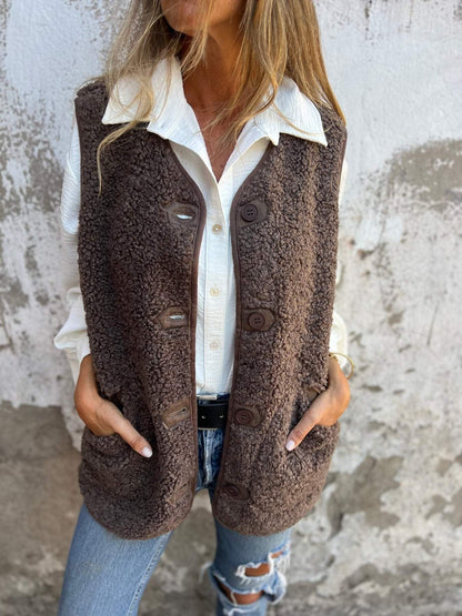 Women's Vest – Shearling Fleece – Relaxed Fit – Button Opening – Soft and Warm
