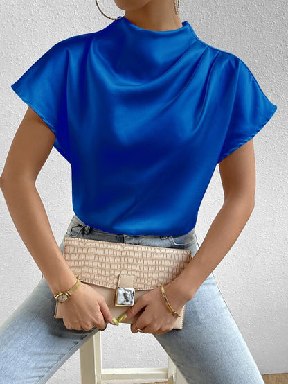Women's Blouse – Silky Fabric – Elegant Fit – Half-High Collar – Short Flared Sleeves