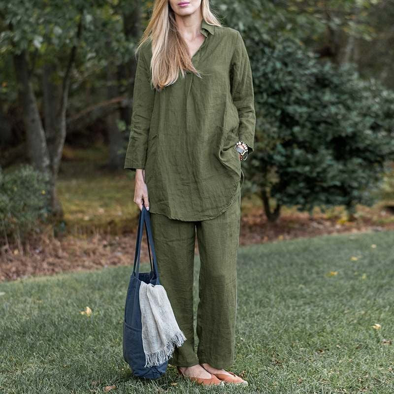 Women's Set – Linen Look – Relaxed Fit – Collared Shirt – Wide High-Waisted Trousers