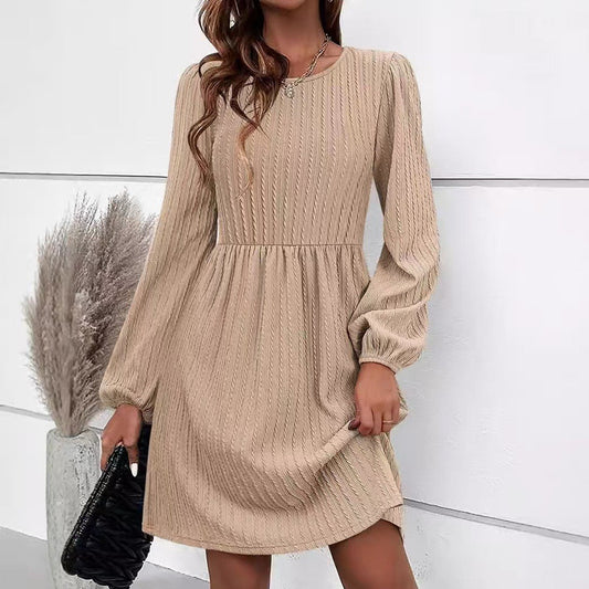 Dress for Women – Knitted Jacquard – Fitted Waist – Long Puff Sleeves