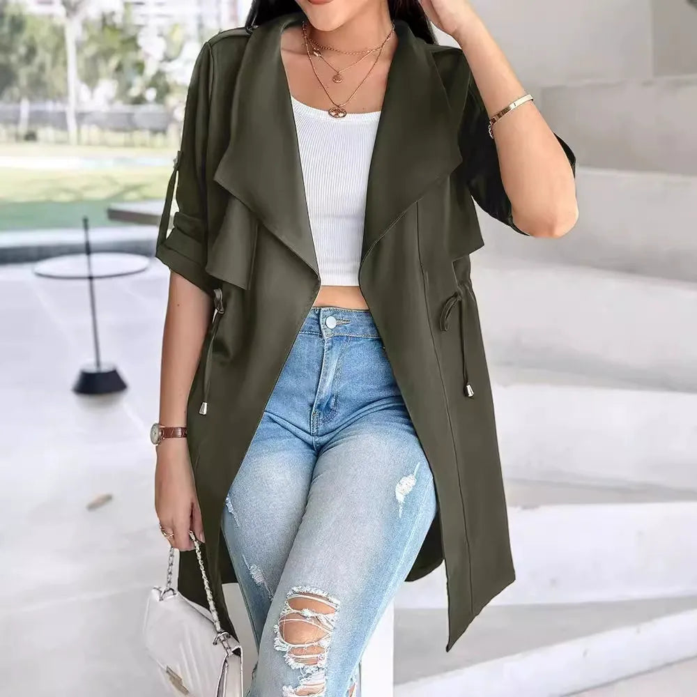 Women's Trench Coat – Relaxed Fit – Tie Belt – Draped Lapels – Lightweight Cotton Fabric