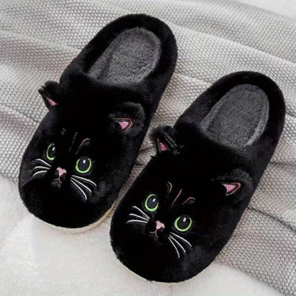 Women's Slippers – Ankle-High Fit – Soft Fleece – Embroidered Cat Face – Indoor Comfort