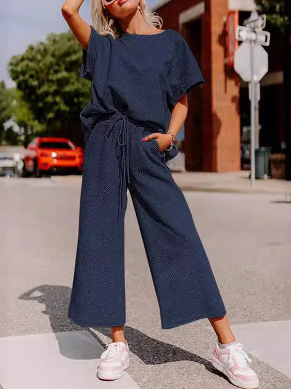 Women's Set – Relaxed Fit – Soft Knit – Short-Sleeved Top and Wide Pants