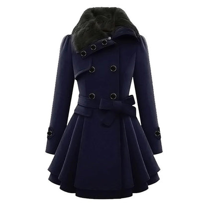 Women's Coat – Tailored Fit – A-line – Double-breasted – Faux Fur Collar – Belt