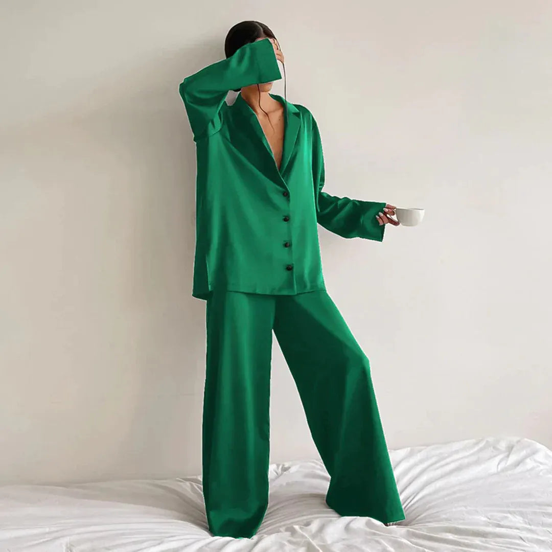 Women's Pajama Set – Satin – Relaxed Fit – Shirt Top – Wide Pants