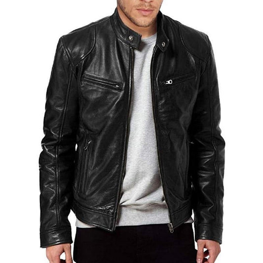 Men's Biker Leather Jacket – Structured Fit – Snap Lock – Zipper Pockets