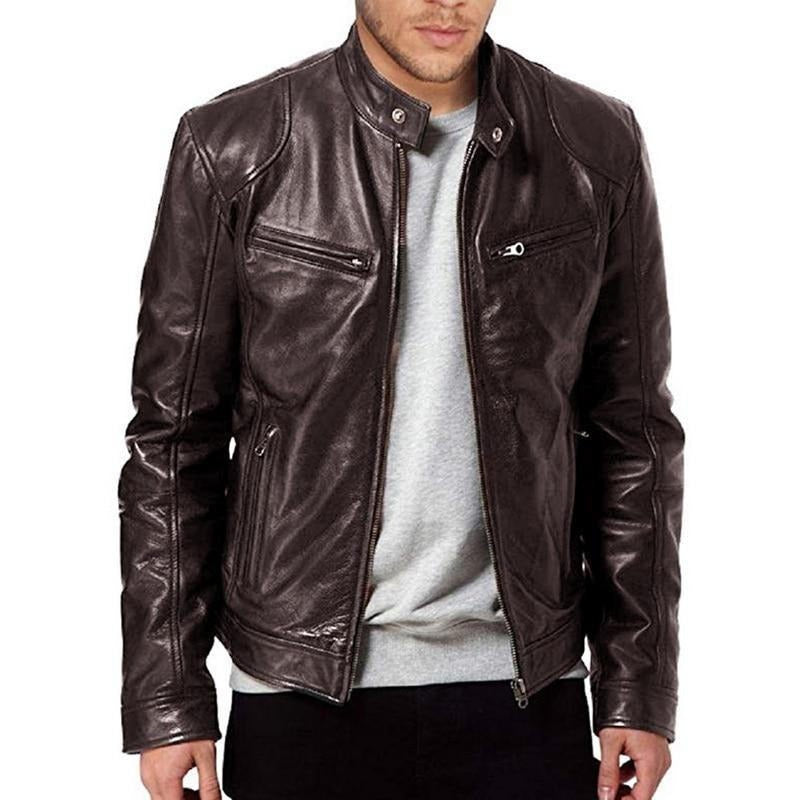 Men's Biker Leather Jacket – Structured Fit – Snap Lock – Zipper Pockets