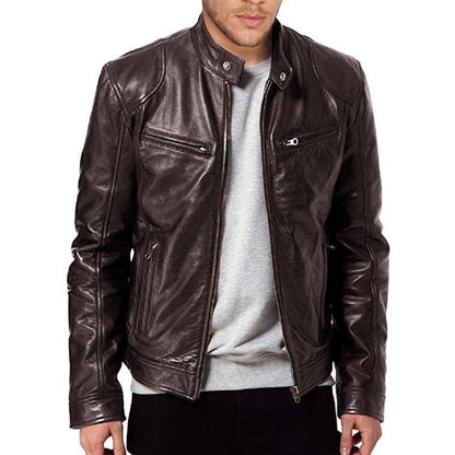Men's Biker Leather Jacket – Structured Fit – Snap Lock – Zipper Pockets
