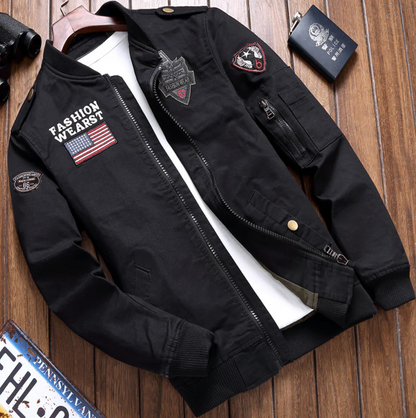 Men's Military Jacket – Structured Fit – Embroidered Details – Zipper Closure