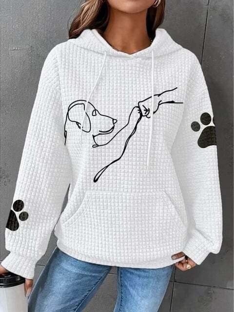 Women's Hoodie – Quilted Fabric – Relaxed Fit – Dog Pattern – Kangaroo Pocket