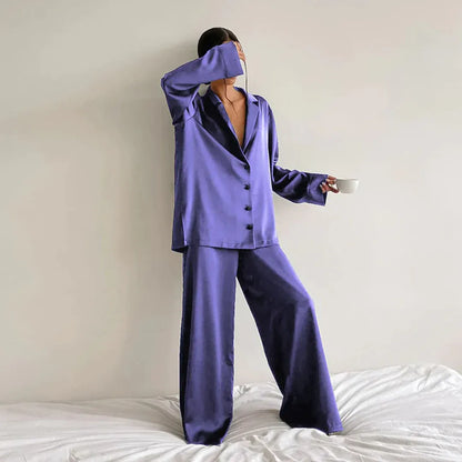 Women's Pajama Set – Satin – Relaxed Fit – Shirt Top – Wide Pants