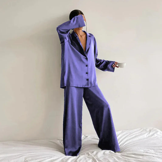 Women's Pajama Set – Satin – Relaxed Fit – Shirt Top – Wide Pants
