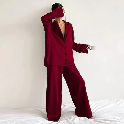 Women's Pajama Set – Satin – Relaxed Fit – Shirt Top – Wide Pants
