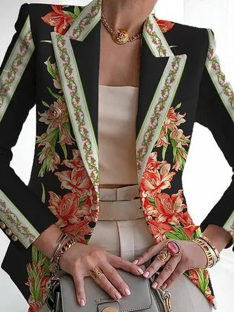 Women's Blazer – Regular Fit – Floral Pattern – Shawl Collar – Buckle Closure
