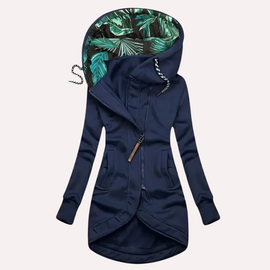 Women's Fleece Jacket – Slim Fit – Hood with Patterned Lining – Asymmetric Zipper