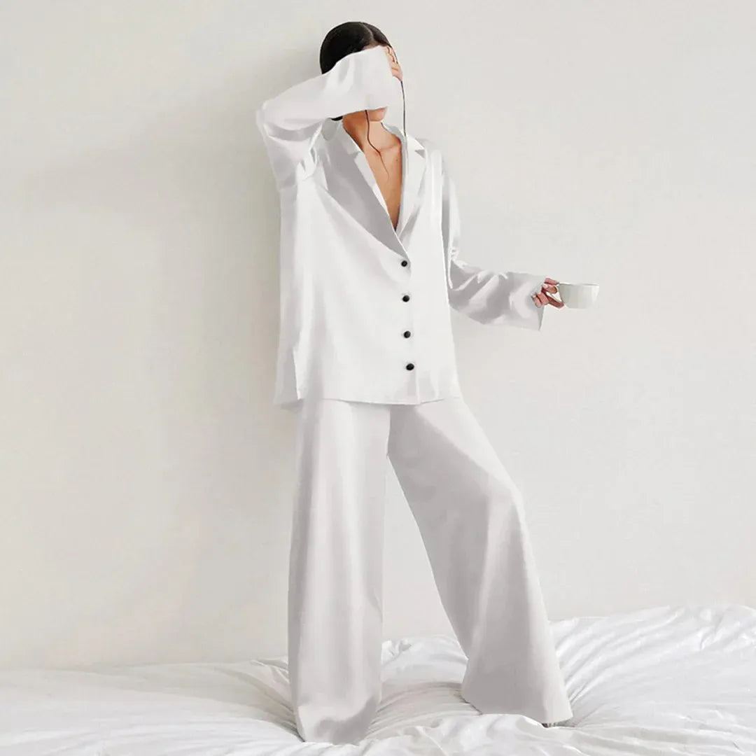 Women's Pajama Set – Satin – Relaxed Fit – Shirt Top – Wide Pants